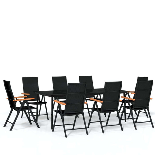 9 Piece Garden Dining Set with black chairs and glass tabletop for outdoor dining.