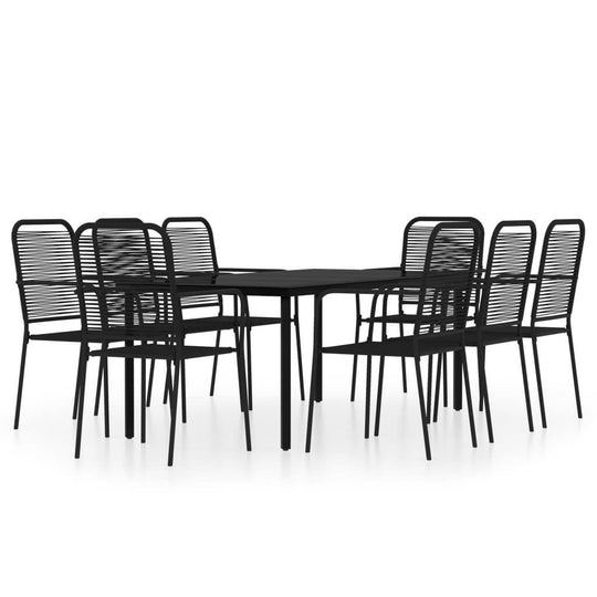 9 Piece Garden Dining Set featuring a sleek black table and eight chairs with elegant design.