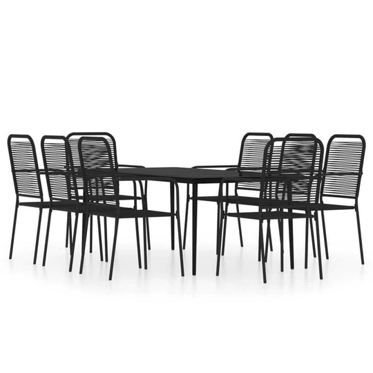 9 Piece Garden Dining Set with a sleek black table and eight chairs, perfect for outdoor dining and gatherings.