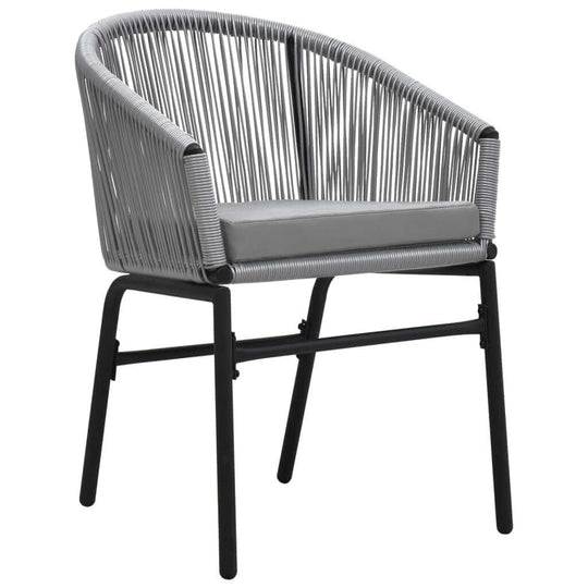 Stylish grey patio dining chair made of PVC rattan with a sturdy steel frame, perfect for outdoor dining.