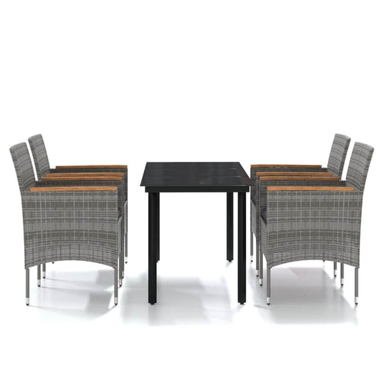 5 Piece Garden Dining Set with Cushions and Black featuring a sturdy table and comfortable rattan chairs.