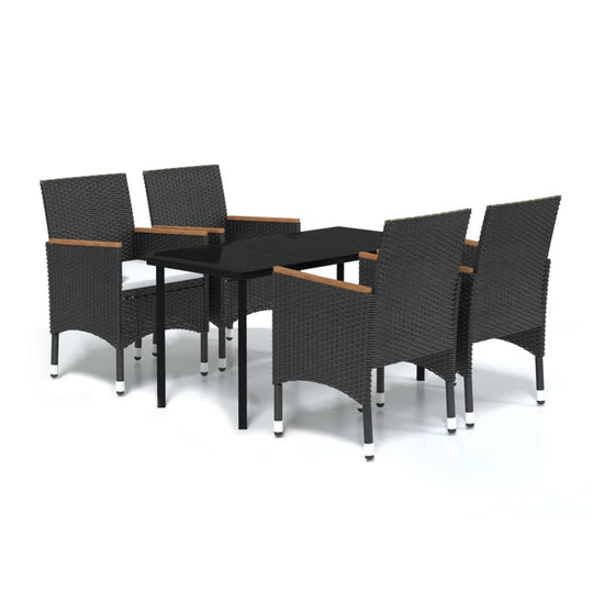 5 Piece Garden Dining Set with Cushions featuring black rattan chairs and smooth glass tabletop.
