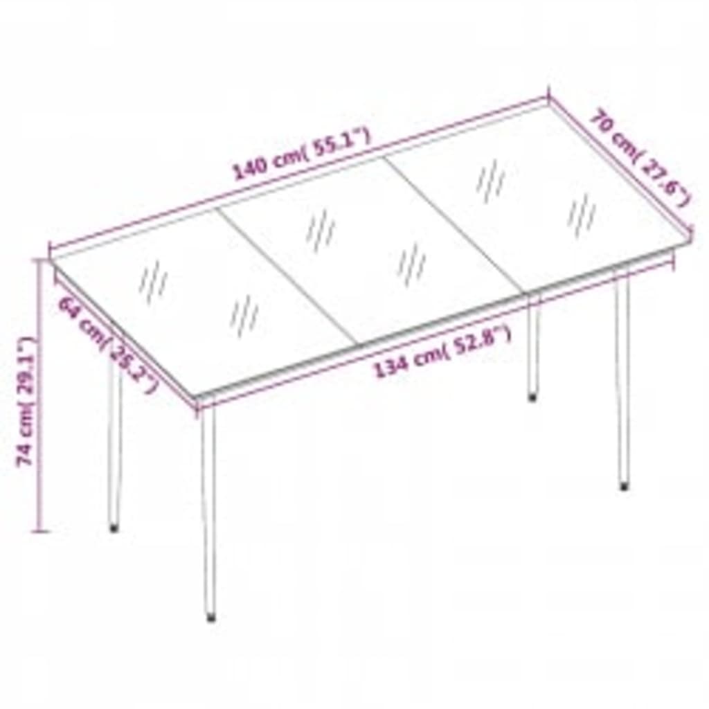 5 Piece Garden Dining Set with Cushions dimensions diagram with measurements labeled on a glass tabletop.