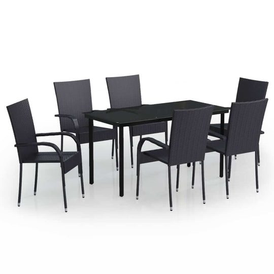 7 Piece Outdoor Dining Set featuring a sturdy table and six water-resistant rattan chairs, perfect for outdoor dining.