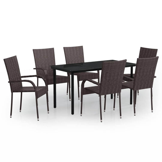 7 Piece Outdoor Dining Set and Black with sturdy rattan chairs and smooth glass tabletop for outdoor dining.