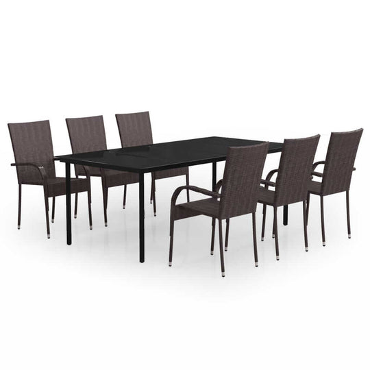 7 Piece Garden Dining Set and Black with rattan chairs and glass tabletop for outdoor dining.
