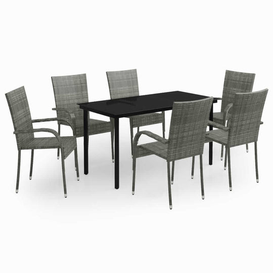 7 Piece Garden Dining Set and Black featuring a table and six rattan chairs, perfect for outdoor dining.
