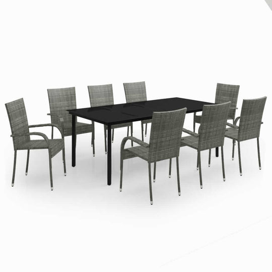 9 Piece Garden Dining Set and Black with sturdy steel frames and water-resistant PE rattan chairs.