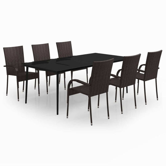 7 Piece Garden Dining Set and Black featuring a sturdy table and six water-resistant rattan chairs.
