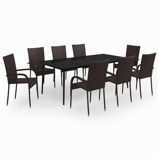 9 Piece Garden Dining Set and Black with sturdy chairs and a smooth glass tabletop for outdoor dining.