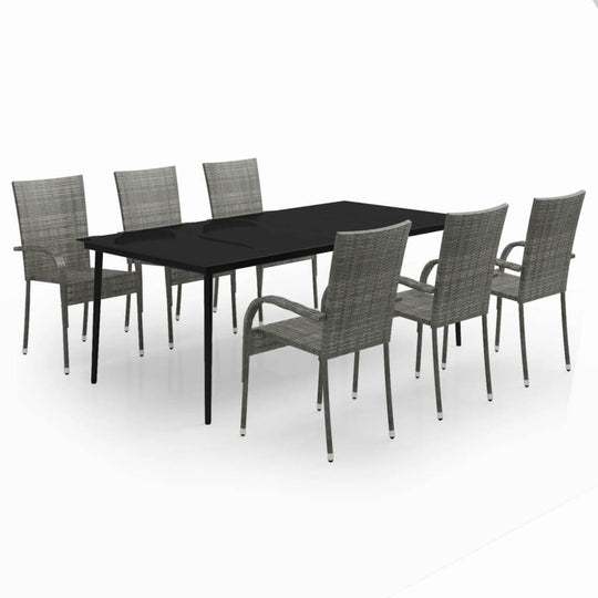 7 Piece Garden Dining Set and Black with powder-coated steel frame and water-resistant PE rattan chairs.