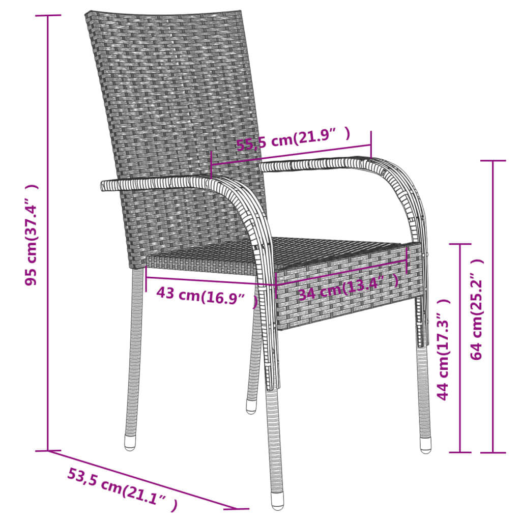 9 Piece Garden Dining Set and Black - Dimensions of the rattan chair: height 95 cm, width 55.5 cm, depth 43 cm.