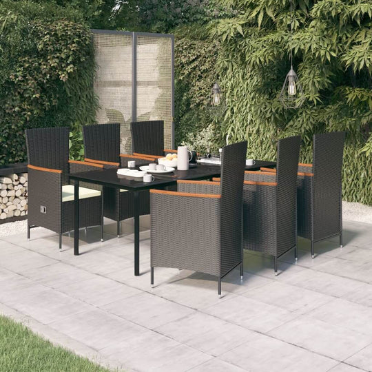 7 Piece Garden Dining Set with Cushions Black