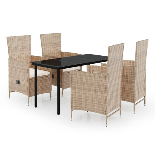 5 Piece Garden Dining Set with Cushions featuring stylish rattan chairs and a sleek black table, perfect for outdoor dining.