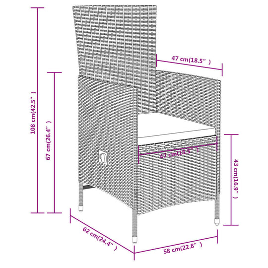 5 Piece Garden Dining Set with Cushions dimensions diagram showcasing a rattan chair with measurements.