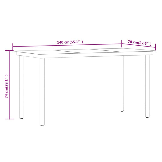 5 Piece Garden Dining Set with Cushions dimensions showing 140 cm long, 70 cm wide, and 74 cm high.