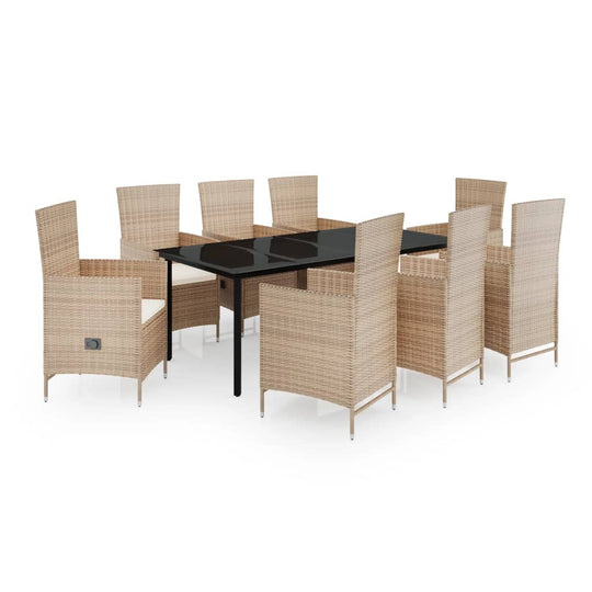 9 Piece Garden Dining Set with Cushions in a stylish design featuring a glass table and woven chairs.