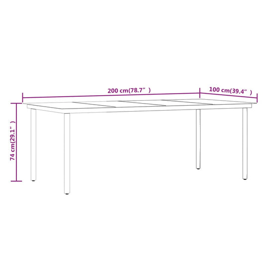 Dimensions of a 9 Piece Garden Dining Set with Cushions table: 200 cm x 100 cm, height 74 cm.