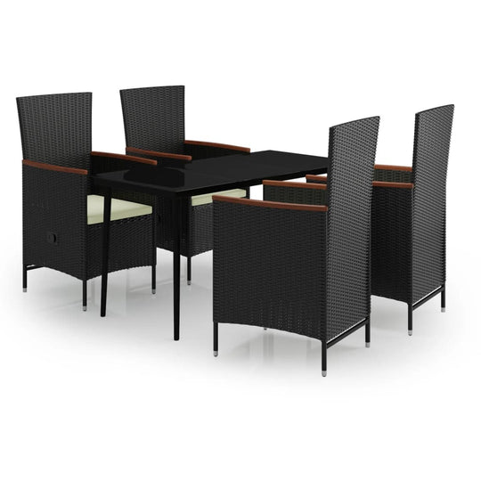5 Piece Garden Dining Set with Cushions featuring stylish rattan chairs and a sleek black table.