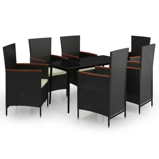 7 Piece Garden Dining Set with Cushions featuring sleek black rattan chairs and a modern table for outdoor comfort.