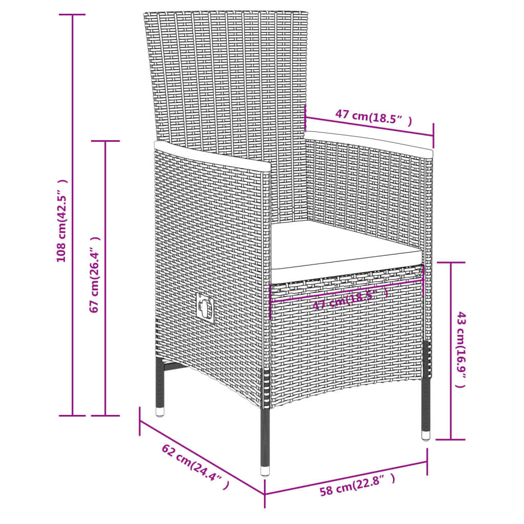 7 Piece Garden Dining Set with Cushions dimensions diagram showing measurements and details for outdoor chair.