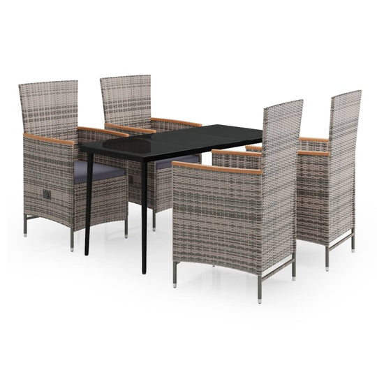 5 Piece Garden Dining Set with Cushions featuring powder-coated steel and water-resistant PE rattan.