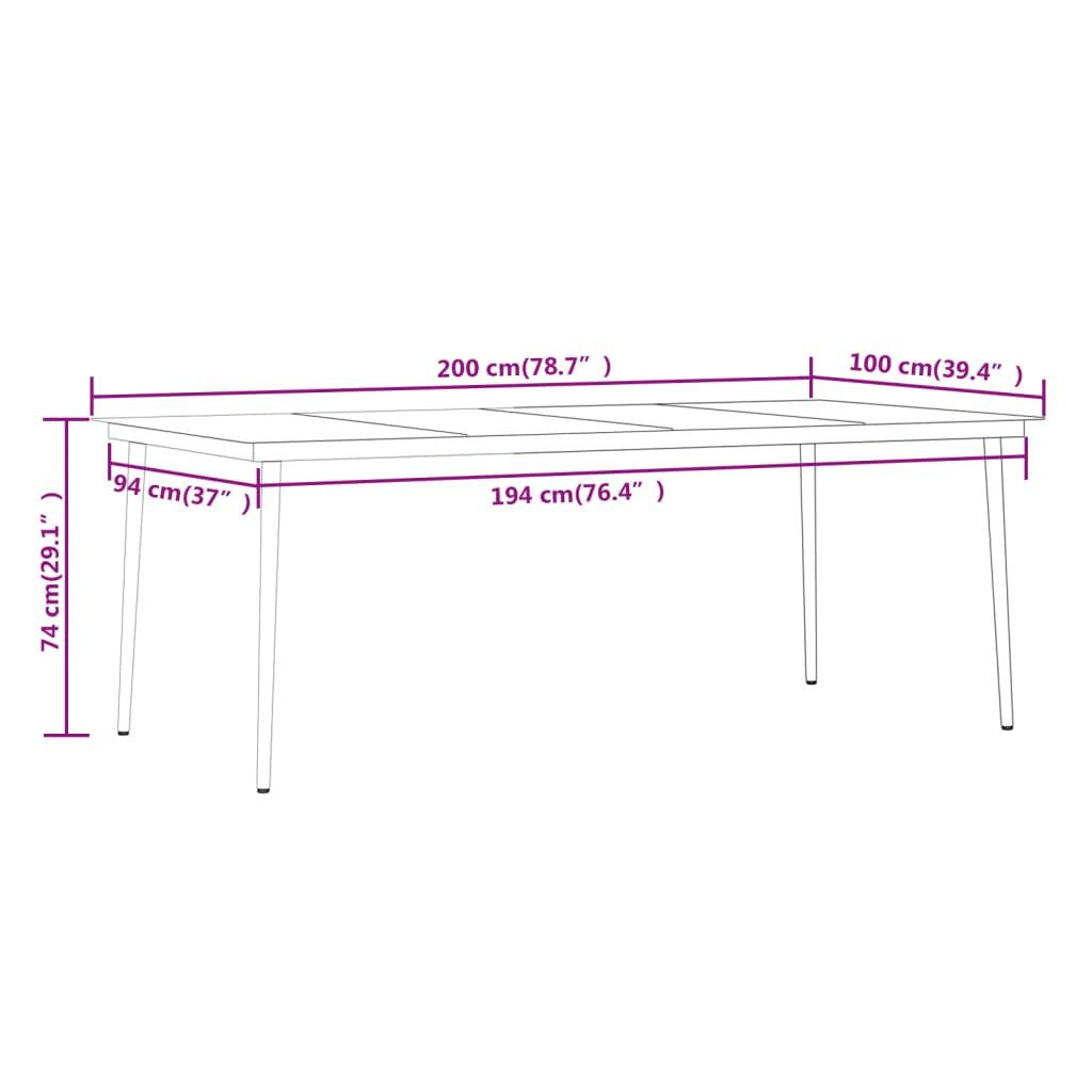 Dimensions of a 9 Piece Garden Dining Set with Cushions table, measuring 200cm x 100cm x 74cm.