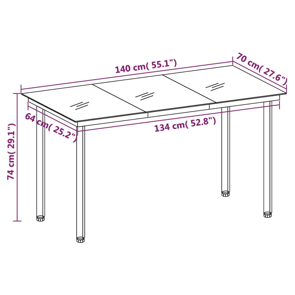 Dimensions of 7 Piece Garden Dining Set with Cushions table, featuring measurements for length and width.