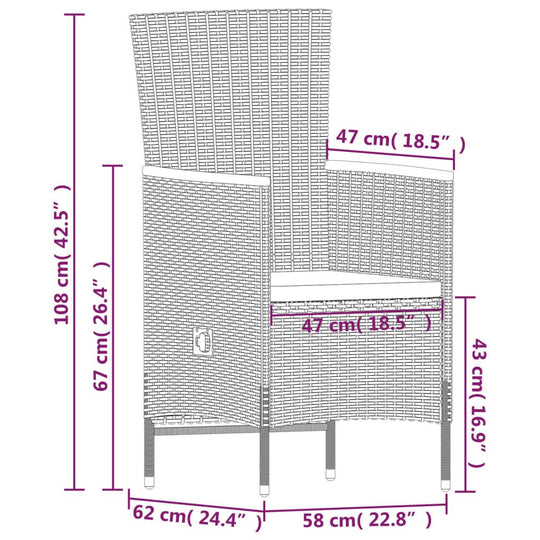 Dimensions of a chair from the 7 Piece Garden Dining Set with Cushions UAE, showcasing height and width measurements.