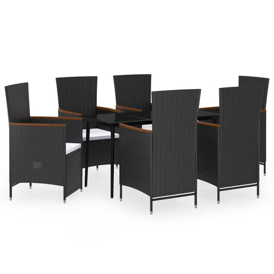 7 Piece Garden Dining Set with Cushions featuring sturdy rattan chairs and a sleek table, perfect for outdoor dining.