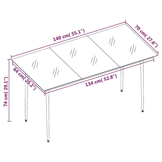 7 Piece Garden Dining Set with Cushions dimensions diagram showing table measurements in cm and inches.