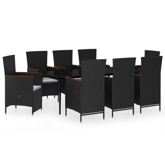 9 Piece Garden Dining Set with Cushions featuring dark wicker chairs and a matching table for outdoor dining.