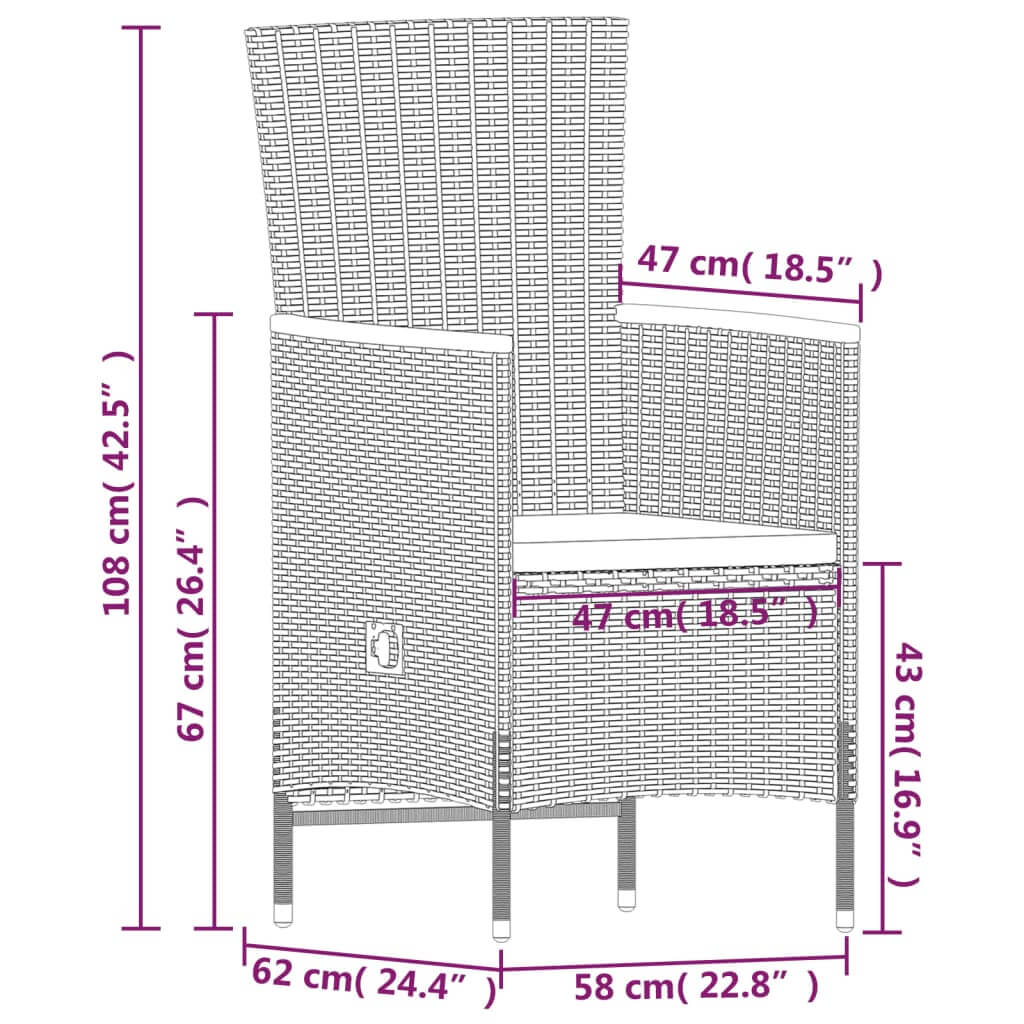 Dimensions of a chair from the 9 Piece Garden Dining Set with Cushions, showcasing its stylish PE rattan design.