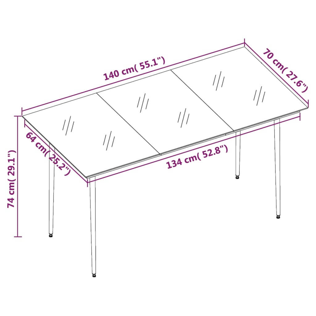 7 Piece Garden Dining Set with Cushions - dimensions of the table with measurements in centimeters and inches.