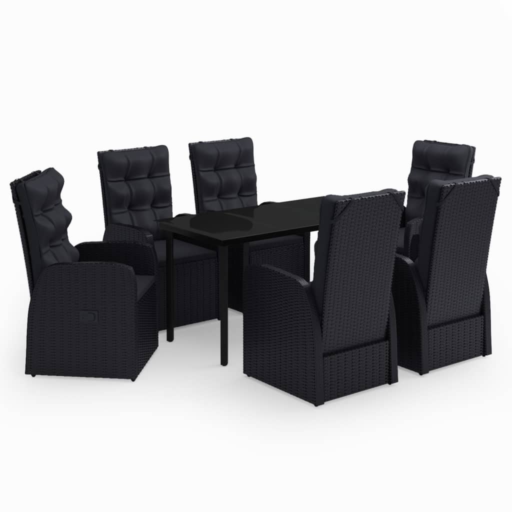 7 Piece Garden Dining Set with Cushions featuring stylish black rattan chairs and a sleek table.