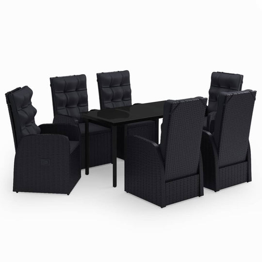 7 Piece Garden Dining Set with Cushions featuring stylish black rattan chairs and a sleek table.