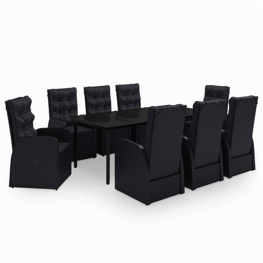 9 Piece Garden Dining Set with Cushions featuring eight chairs and a stylish black table.