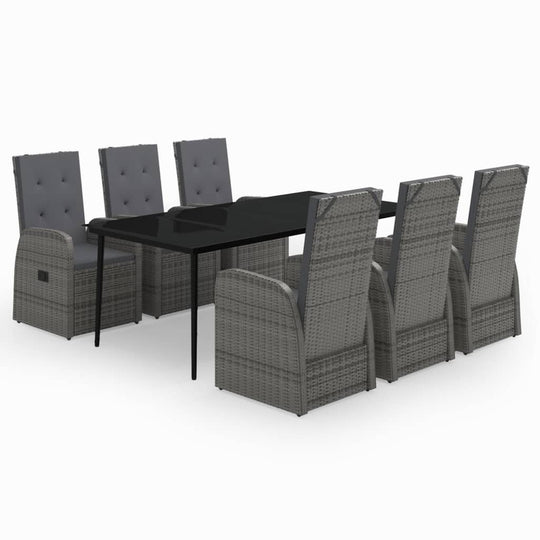 7 Piece Garden Dining Set with Cushions featuring stylish rattan chairs and a sleek black table.