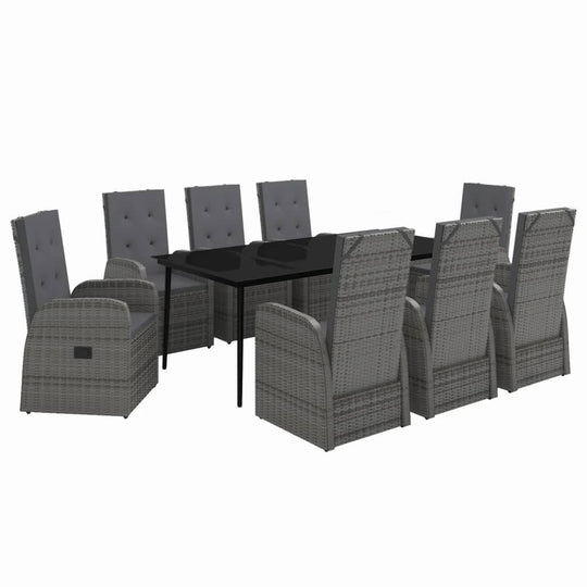 9 Piece Garden Dining Set with Cushions featuring a stylish black table and comfortable rattan chairs.