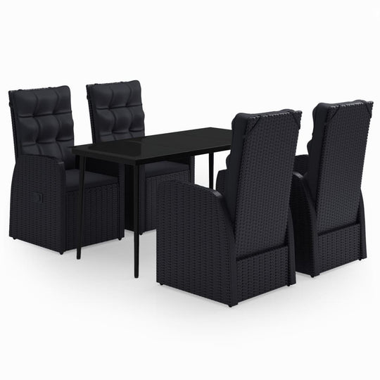 5 Piece Garden Dining Set with Cushions including black wicker chairs and a sleek table for outdoor dining.