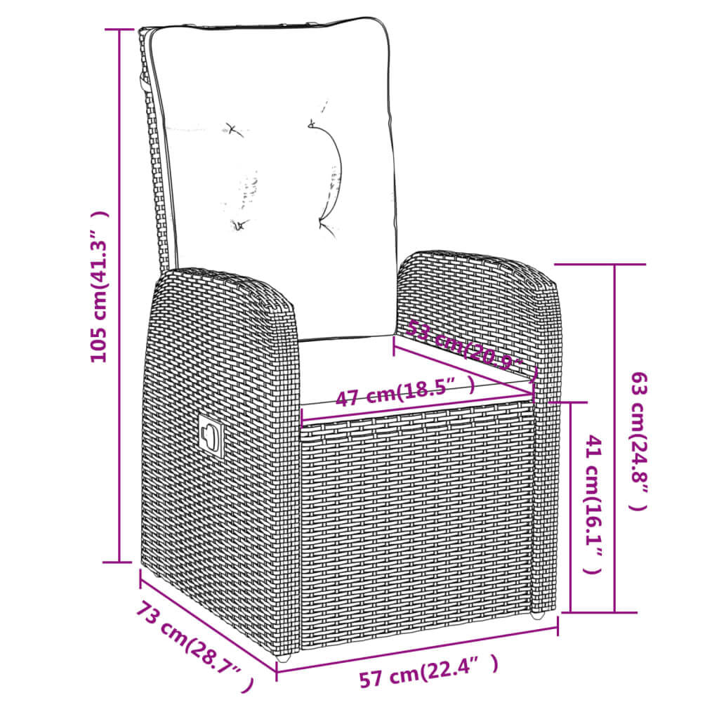 5 Piece Garden Dining Set with Cushions detailed dimensions of a garden chair with a cushioned backrest.