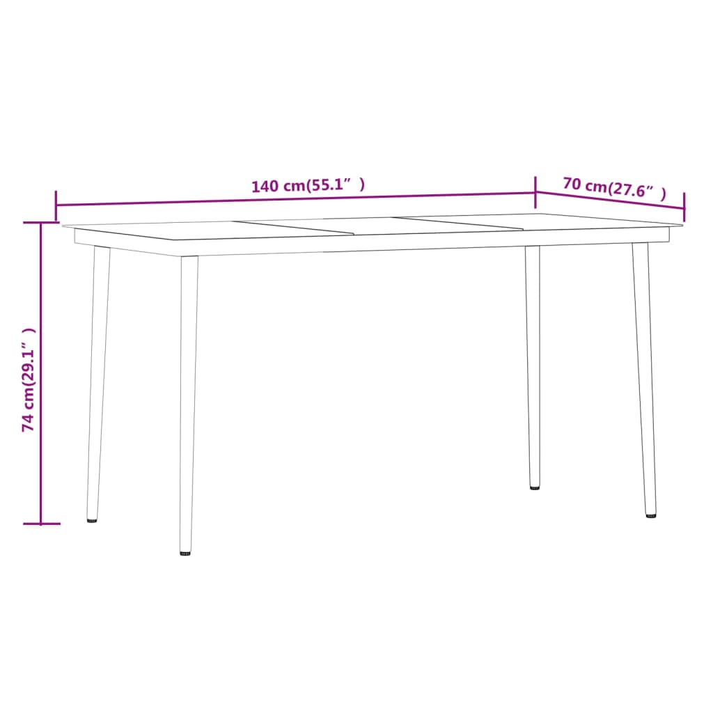 Dimensions of the 7 Piece Garden Dining Set with Cushions table: 140 cm long, 70 cm wide, 74 cm high.