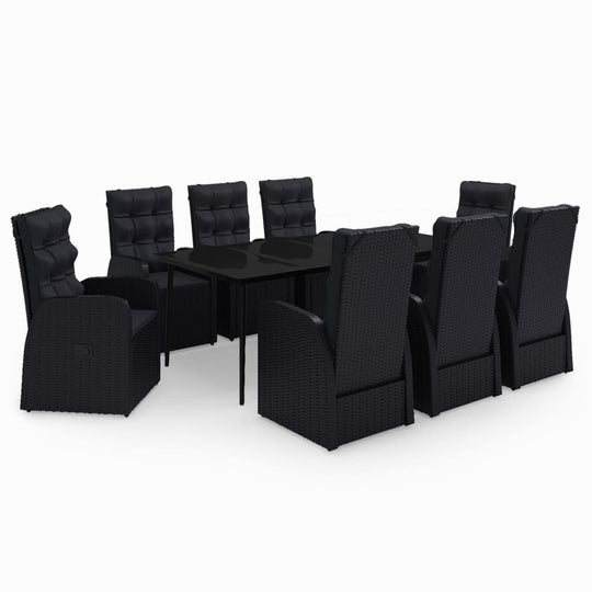 9 Piece Garden Dining Set with Cushions featuring black rattan chairs and a sleek table for outdoor dining.