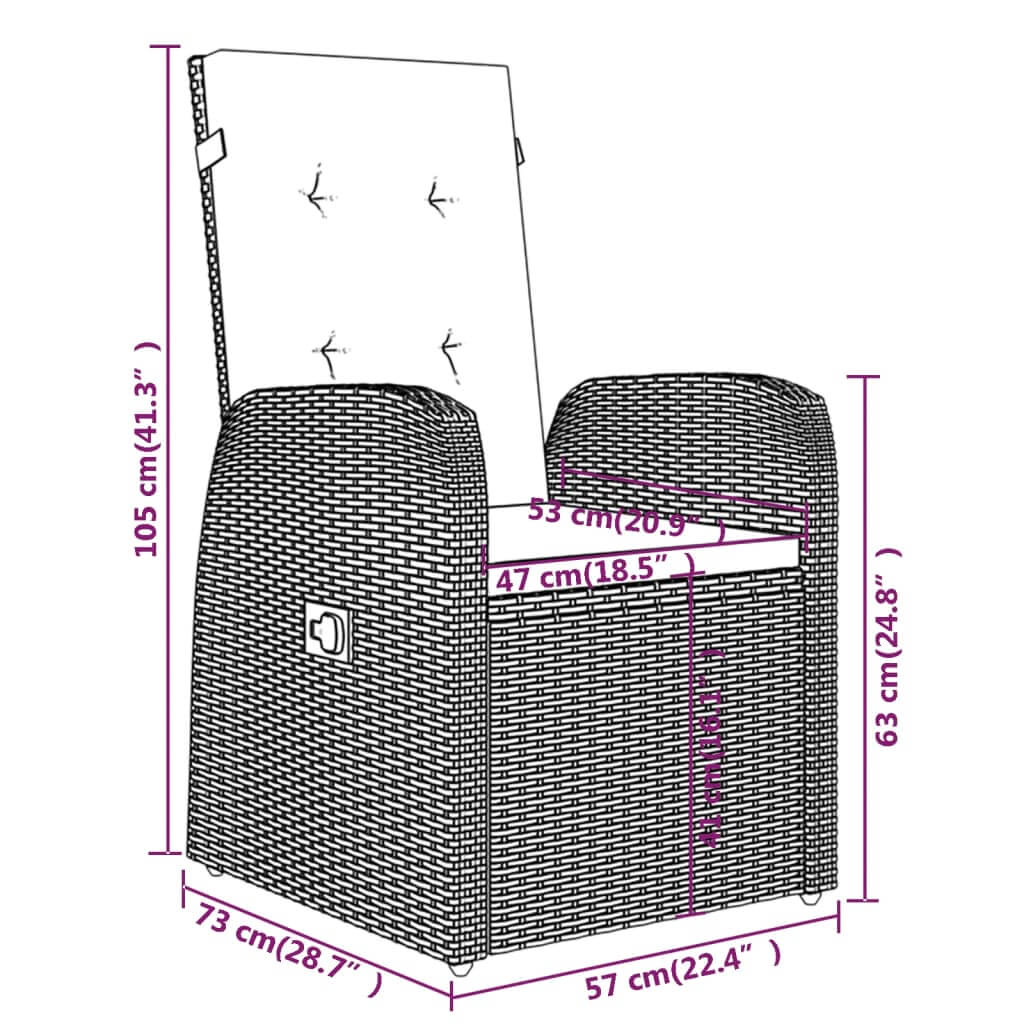 9 Piece Garden Dining Set with Cushions dimensions diagram showing measurements for adjustable chair.