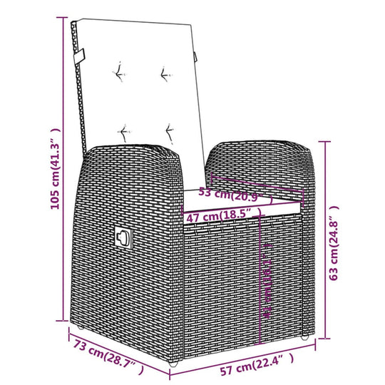 9 Piece Garden Dining Set with Cushions dimensions diagram showing measurements for adjustable chair.