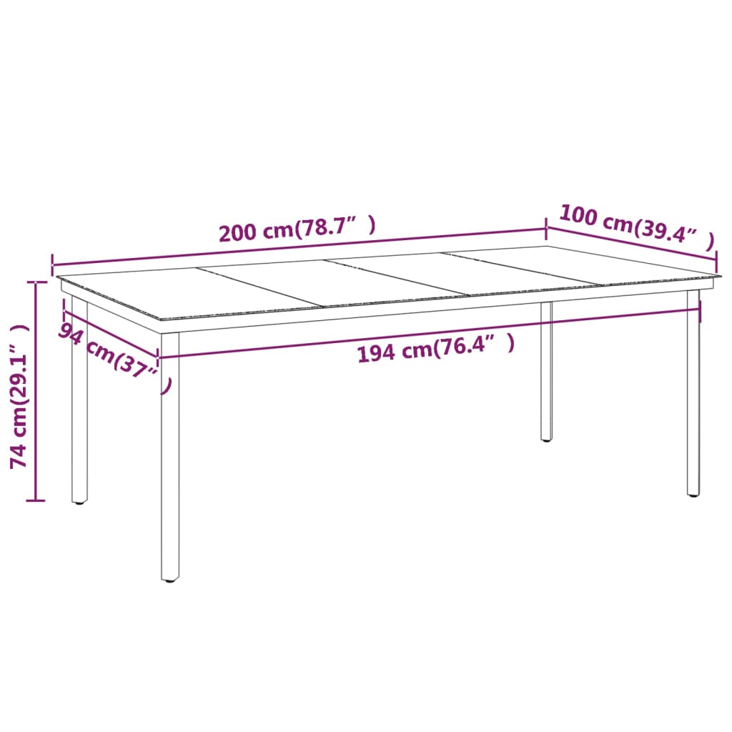 Dimensions of the 9 Piece Garden Dining Set with Cushions table, including measurements in centimeters.