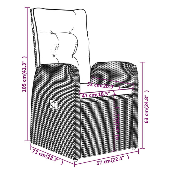 7 Piece Garden Dining Set with Cushions chair dimensions illustration with adjustable backrest and footrest features.