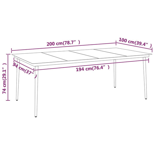 9 Piece Garden Dining Set with Cushions dimensions illustration, showing table measurements and specifications.