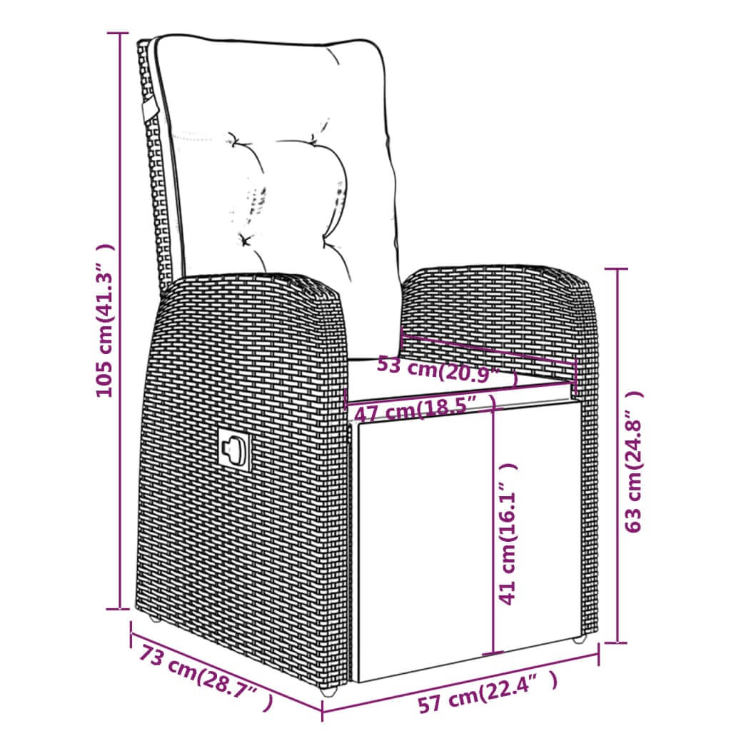 Dimensions of a 7 Piece Garden Dining Set with Cushions chair showcasing adjustable features and detailed measurements.