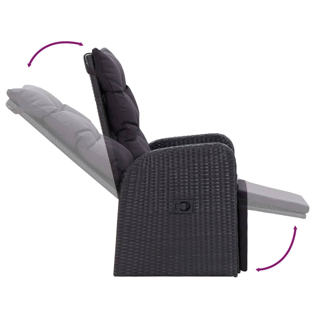 7 Piece Garden Dining Set with Cushions adjustable recliner chair in black PE rattan design